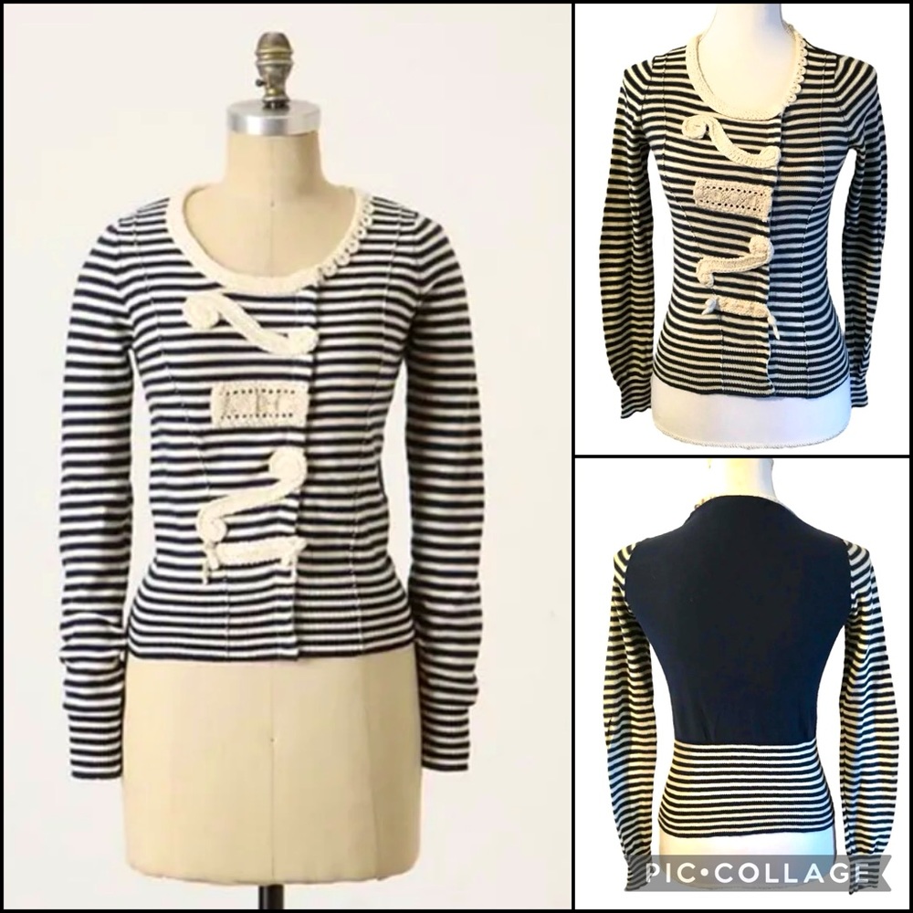 Anthro Sparrow Navy Striped Crochet Knit Detail Snap Cardigan Sweater